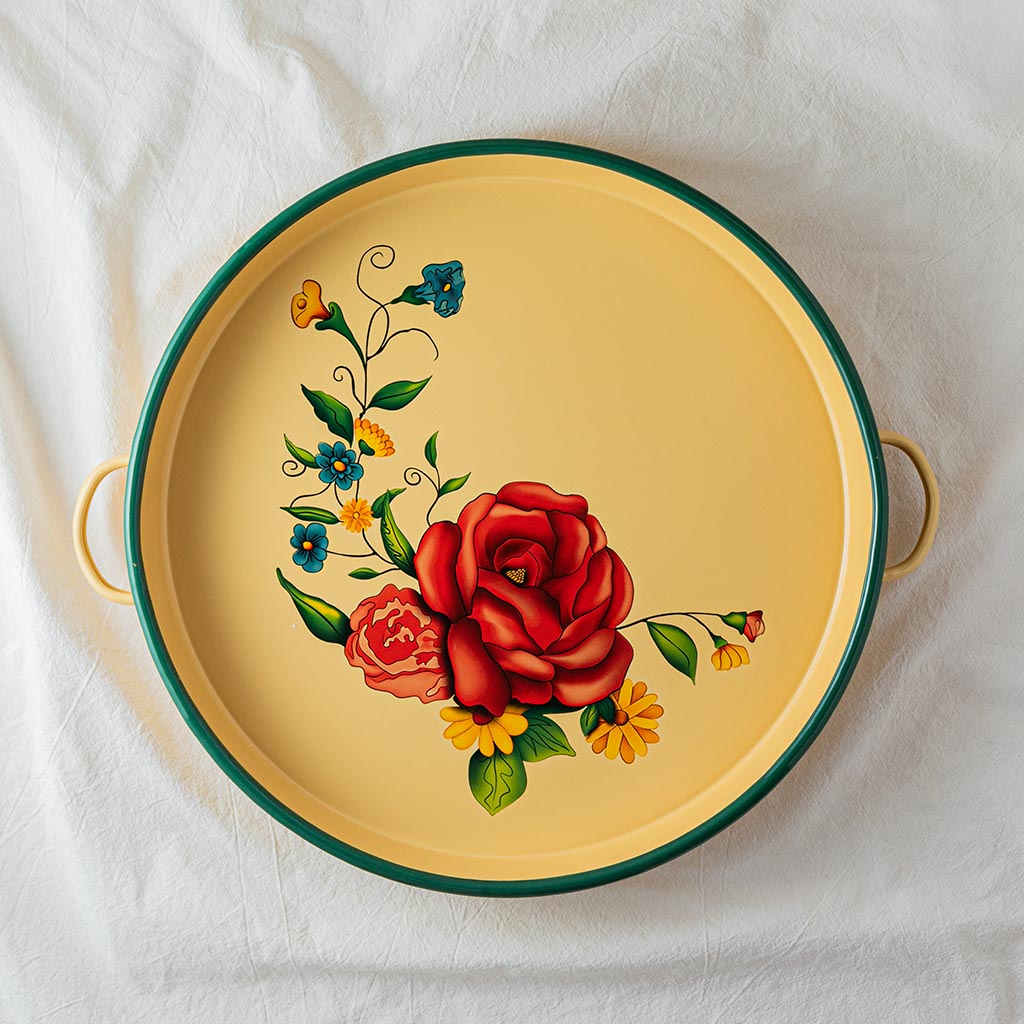 Roses Round Tray With Handles And Green Border